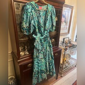 illy Pulitzer Juney puff sleeve cotton faux wrap dress in low tide navy size 16